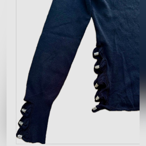 Italian Luxury Designer Roberta Scarpa Rhinestone Trim Black Knit Top Blouse - Picture 7 of 11